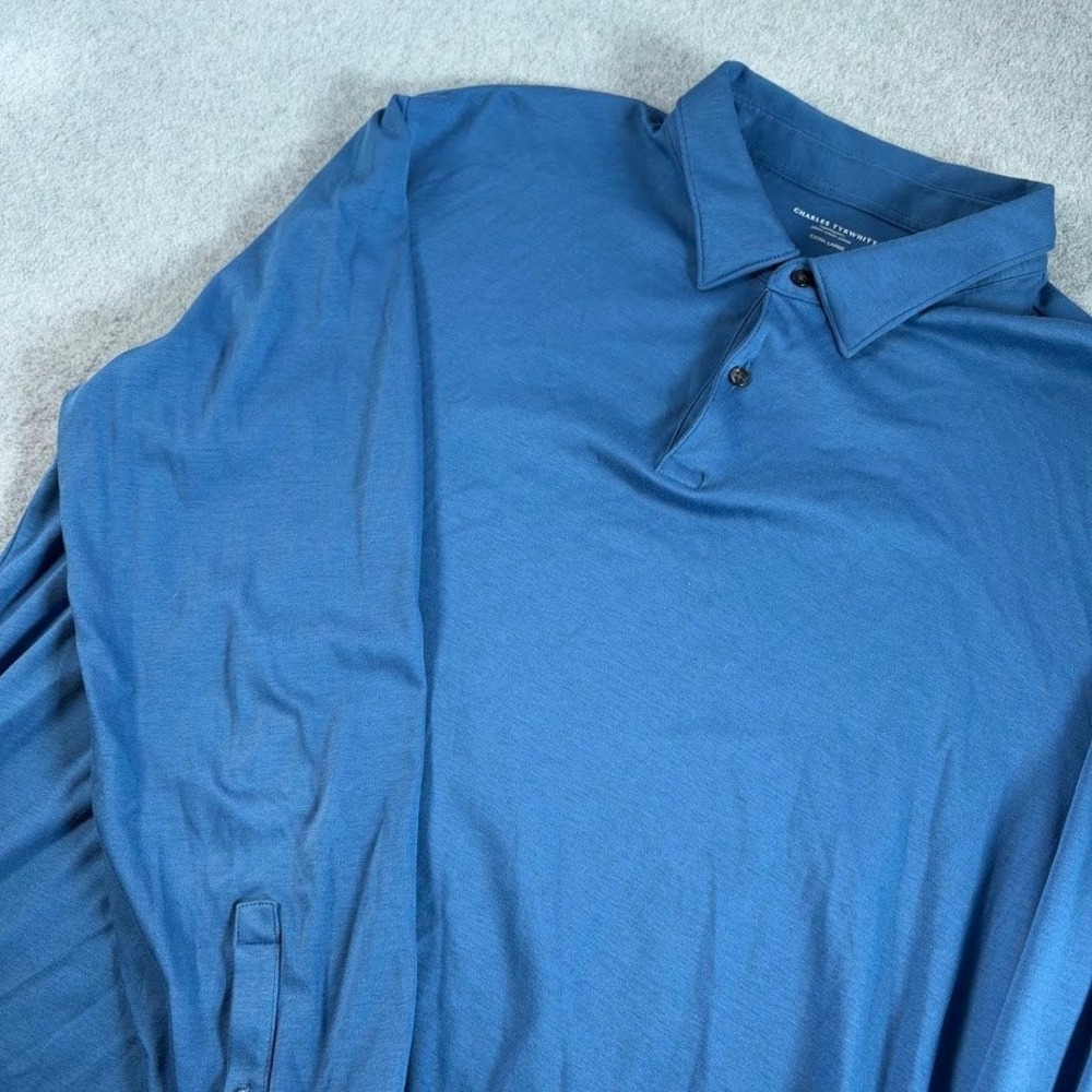 Charles Tyrwhitt Polo Shirt Mens XL Blue Solid Long Sleeve Button Cuff Jersey